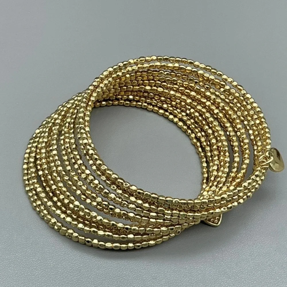 Bracelet Women Gold Tone Beaded Multi Strand Heart Charm Wrap Cuff 7.25 In